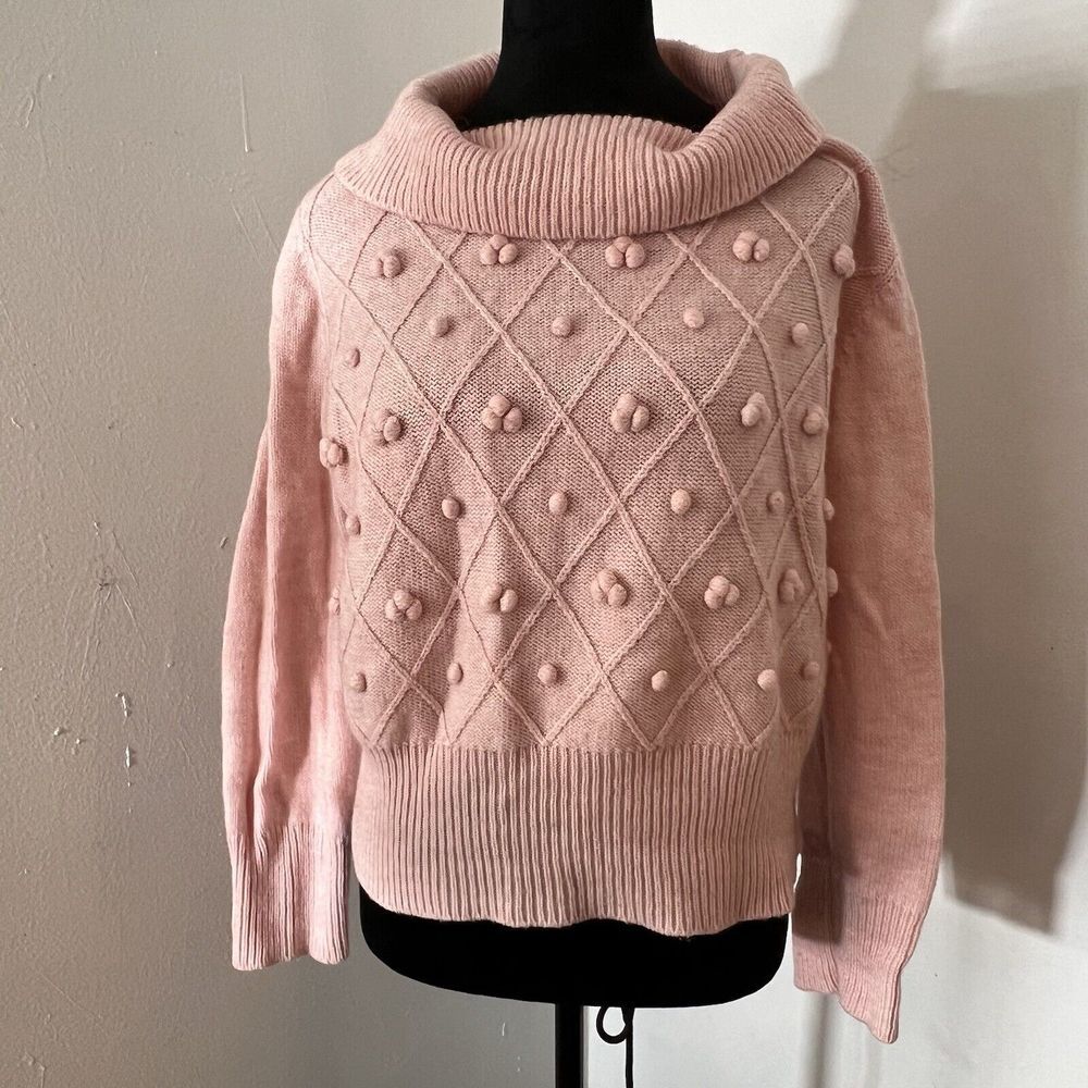 Norton McNaughton Pink Wool Blend Bobble Diamond Knit Cowl Neck Sweater XL